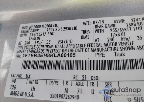 2019 Ford Ranger Xlt z USA, uszkodzony, nr VIN 1FTER4EH8KLA80165